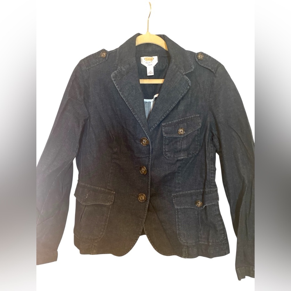Talbots denim jacket Women 14 Petite Stretch Classic Minimal Nautical Coastal